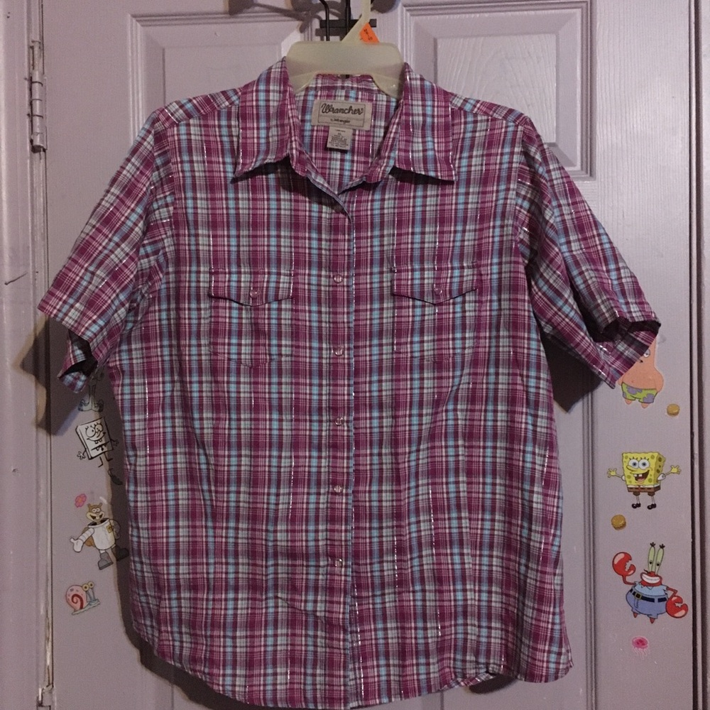 Wrangler Woman’s Short-Sleeve Purple Plaid Button-Up Shirt